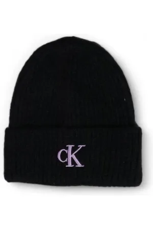 Calvin Klein Tilbehør, Dame, Sort, ONE SIZE, Bomuld, Ribstrikket Beanie Monogram