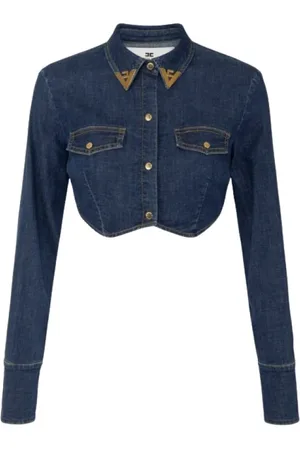 Elisabetta Franchi Bluser & Skjorter, Dame, Blå, L, Denim, Blå denim cropped skjorte med juveldetaljer