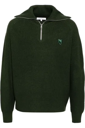 Maison Kitsuné Strik, Herre, Grøn, XL, Uld, Skovgrøn Sailor Collar Zip-Up Sweater