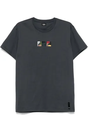 Fendi Top, Herre, Grå, S, Bomuld, Broderet T-shirt med Rund Hals Grå