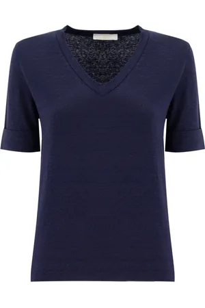FEDELI Top, Dame, Blå, XL, Linen V-Neck T-Shirt