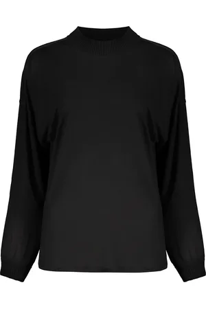 HERNO Strik, Dame, Sort, XL, Bomuld, Stribet Crew-neck Bluse med Ribbet Krave