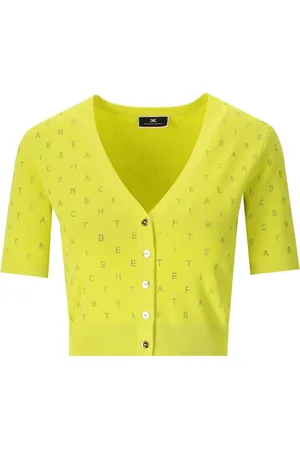 Elisabetta Franchi Strik, Dame, Gul, L, Cedar Cropped Cardigan med Rhinestones
