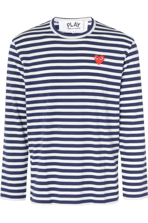 Comme des Garçons Top, Herre, Blå, S, Bomuld, Stribet langærmet T-shirt med hjerteapplikation