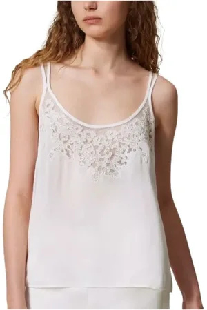 Twin-Set Top, Dame, Hvid, 2XS, Bomuld, Blomstret broderet viskose top