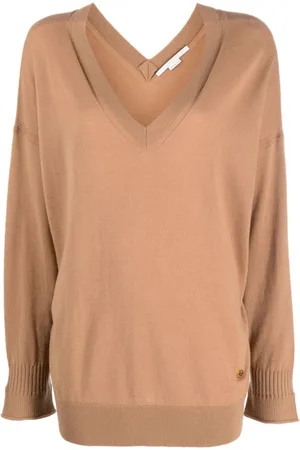 Stella McCartney Strik, Dame, Brun, M, Uld, Brun Logo-Plaque V-Hals Strikket Jumper