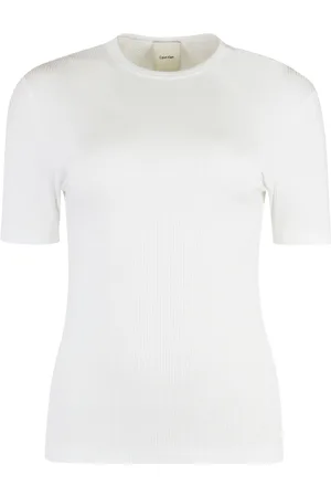 Calvin Klein Top, Dame, Hvid, S, Ribstrikket T-shirt med Rund Hals