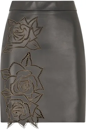 Roberto Cavalli Nederdel, Dame, Sort, S, Læder, Perforeret Rose Læder Nederdel