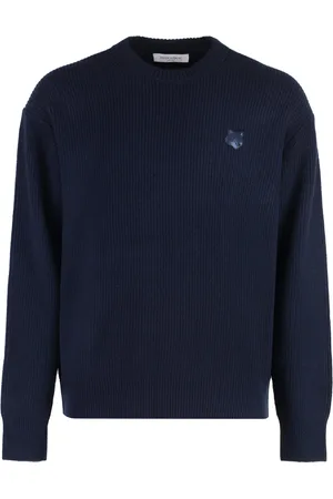 Maison Kitsuné Strik, Herre, Blå, XL, Uld, Fox Front uldblanding Crew-neck sweater