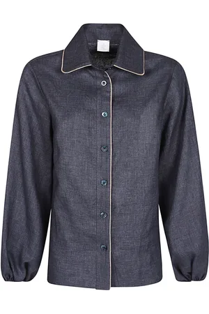 ELEVENTY Bluser & Skjorter, Dame, Blå, M, Linen Skjorte med Piping