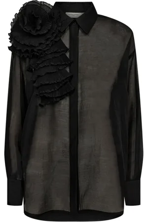 Copenhagen Muse Bluser & Skjorter, Dame, Sort, M, Polyester, Sheer Bell Bluse med Plisseret Blomst