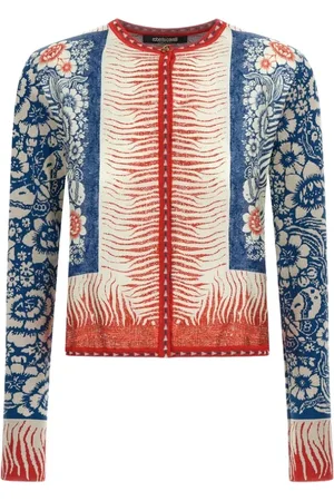 Roberto Cavalli Strik, Dame, Flerfarvet, S, Bandana Print Sweater Blå Kvinde