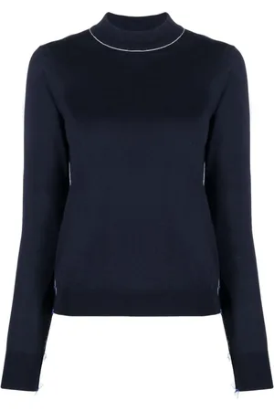 Maison Margiela Strik, Dame, Blå, XS, Uld, Blå uldjumper med flossede detaljer