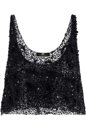 Elisabetta Franchi Top, Dame, Sort, M, Broderet Tulip Cropped Top