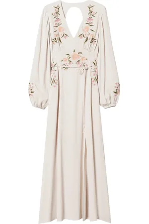 Twin-Set Kjole, Dame, Hvid, M, Polyester, Blomstret Broderet Midi Kjole