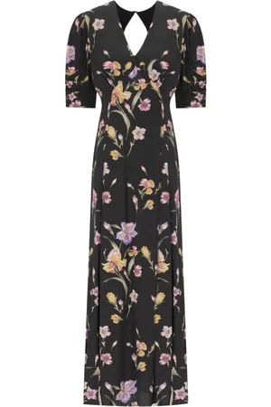 Twin-Set Kjole, Dame, Flerfarvet, XS, Polyester, Blomstret Lang Kjole med V-Hals