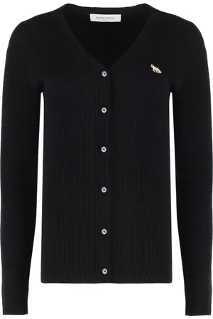 Maison Kitsuné Strik, Dame, Sort, L, Bomuld, Ribstrikket cardigan med ræve-patch foran