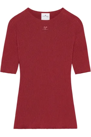 Courrèges Strik, Dame, Rød, S, Bomuld, Ribstrikket sweater med logo patch