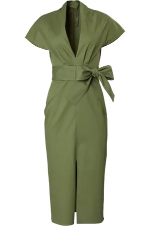 Carolina Herrera Kjole, Dame, Grøn, M, Bomuld, V-hals midi kjole med frontstykke