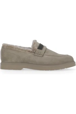 Brunello Cucinelli Sko, Dame, Grå, 37 EU, Suede, Grå Suede Loafers med Messingdetaljer