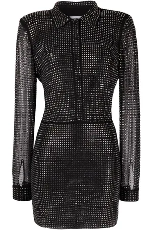 Self-Portrait Kjole, Dame, Sort, XS, Polyester, Rhinestone Mini Skjortekjole