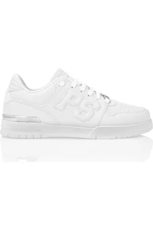 Philipp Plein Sko, Herre, Hvid, 46 EU, Læder, Hvid lav top sneaker med mærkeinitialer