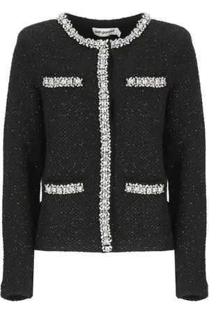Self-Portrait Strik, Dame, Sort, M, Uld, Sort cardigan i uldblanding med strass