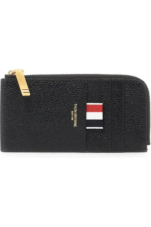 Thom Browne Tilbehør, Herre, Sort, ONE SIZE, Læder, Pebble Grain Læder Kortholder med Tricolor Bånd