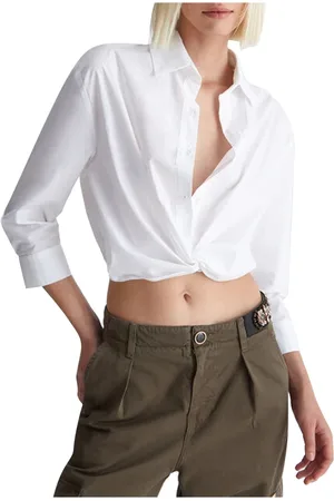 Liu Jo Bluser & Skjorter, Dame, Hvid, 2XS, Bomuld, Cropped Bluse med Sløjfe og Juveldetalje