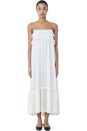 Chloé Kjole, Dame, Hvid, M, Charmeuse Maxi Kjole med Blondeindsatser