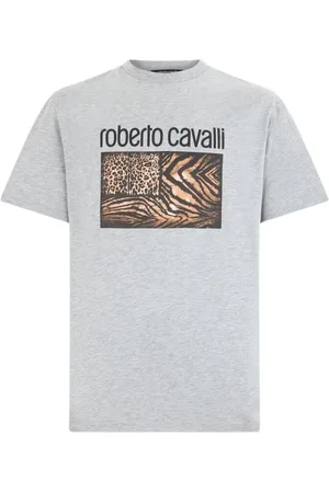 Roberto Cavalli Top, Herre, Grå, 2XL, Bomuld, Animal Print Crew-neck T-shirt med Logo