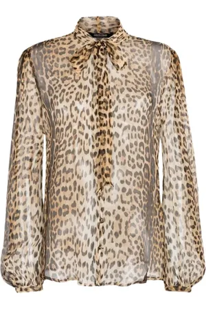 Roberto Cavalli Bluser & Skjorter, Dame, Brun, L, Leopard Print Silk Shirt med Tørklæde
