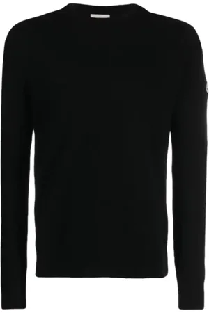 Moncler Strik, Herre, Sort, 2XL, Uld, Mélange-Strikket Logo Patch Uld Jumper