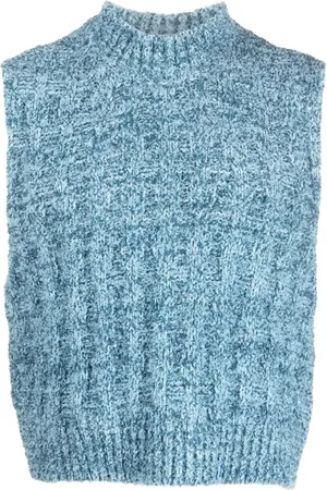 Maison Margiela Strik, Herre, Blå, M, Bomuld, Ærmeløs Strikket Vest med Mock Neck