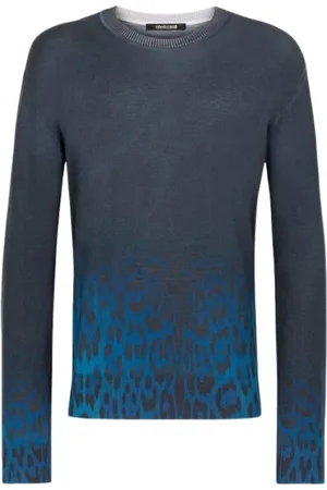 Roberto Cavalli Strik, Herre, Blå, XL, Uld, Jaguar Print Wool Sweater