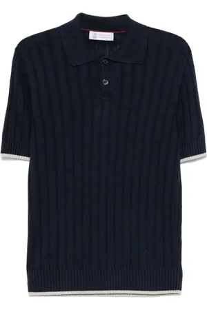 Brunello Cucinelli Top, Herre, Blå, XL, Bomuld, Blå Polo Shirt med Ribkant og Korte Ærmer