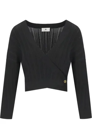 Elisabetta Franchi Bluser & Skjorter, Dame, Sort, L, Sort Strikket V-hals Top med Perforeringer