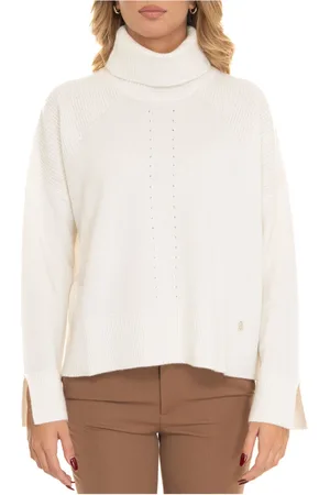Liu Jo Strik, Dame, Hvid, L, Uld, Uld Ringkrave Pullover med Logo
