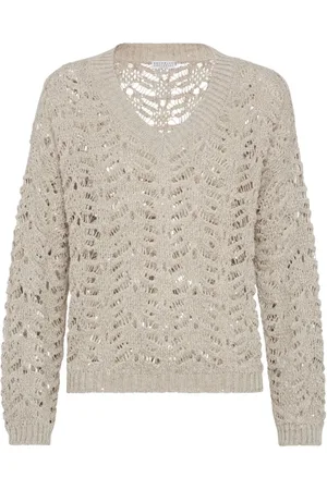 Brunello Cucinelli Strik, Dame, , S, V-Neck Sweater med Ribbed Detaljer