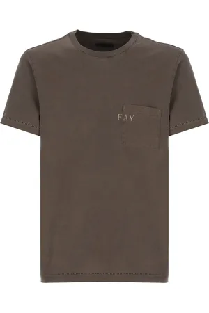 FAY Top, Herre, Brun, 2XL, Bomuld, Crewneck T-shirt med brystlomme