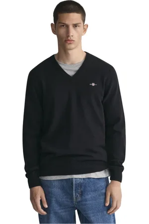 GANT Strik, Herre, Sort, 3XL, Uld, Klassisk uld V-hals sweater