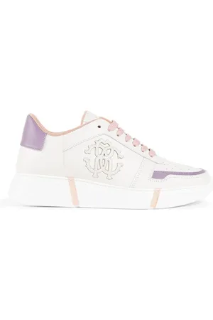 Roberto Cavalli Sko, Dame, Hvid, 36 EU, Læder, Monogram Sneakers med Kontrast Hælkappe