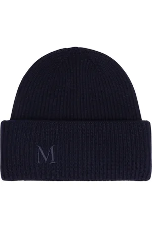 Max Mara Tilbehør, Dame, Blå, ONE SIZE, Cashmere, Ribstrikket Cashmere Beanie med Logo foran