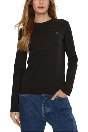 Calvin Klein Top, Dame, Sort, XS, Bomuld, Sort Langærmet Rund Hals T-shirt