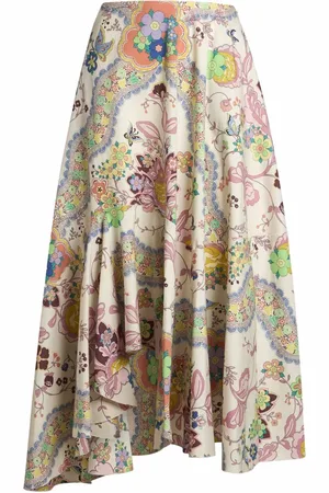 Etro Nederdel, Dame, Flerfarvet, M, Bomuld, Asymmetrisk Midi Nederdel med Blomster og Sommerfugle