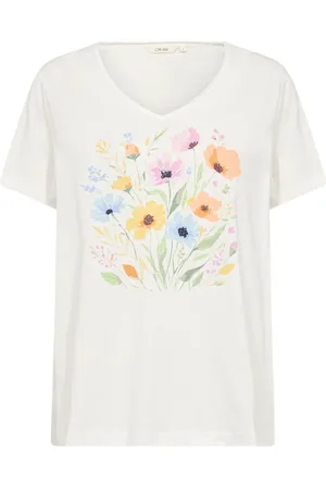 Cream Top, Dame, Hvid, S, Uld, Forårsblomster V-Neck T-Shirt
