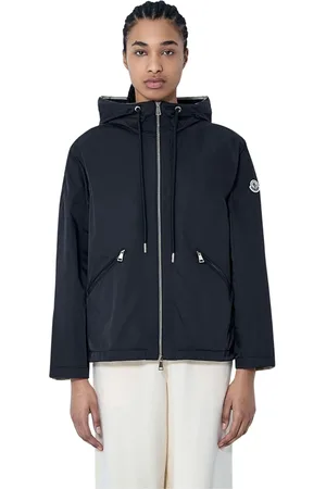 Moncler Jakke, Dame, Blå, L, Uld, Hættet jakke med front lynlås