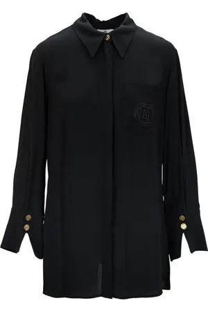 Elisabetta Franchi Bluser & Skjorter, Dame, Sort, XL, Uld, Guld Knap Langærmet Bluse