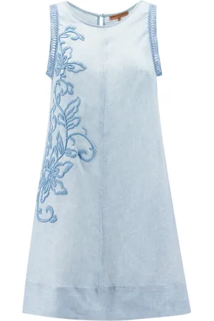 ERMANNO SCERVINO Kjole, Dame, Blå, M, Kort Ramie Kjole med Blomsterbroderi