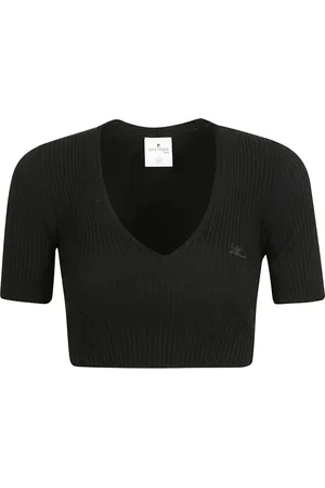 Courrèges Strik, Dame, Sort, M, Polyester, V-hals Ribstrikket Cropped Sweater